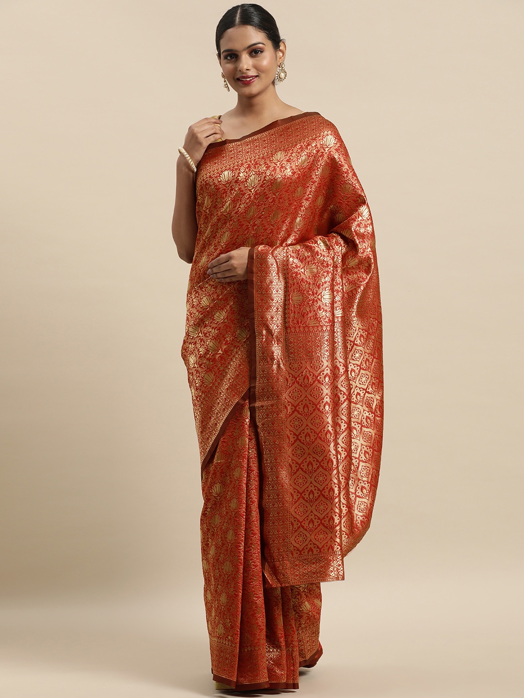 

Anouk Red & Gold-Toned Ethnic Motifs Zari Silk Blend Banarasi Saree