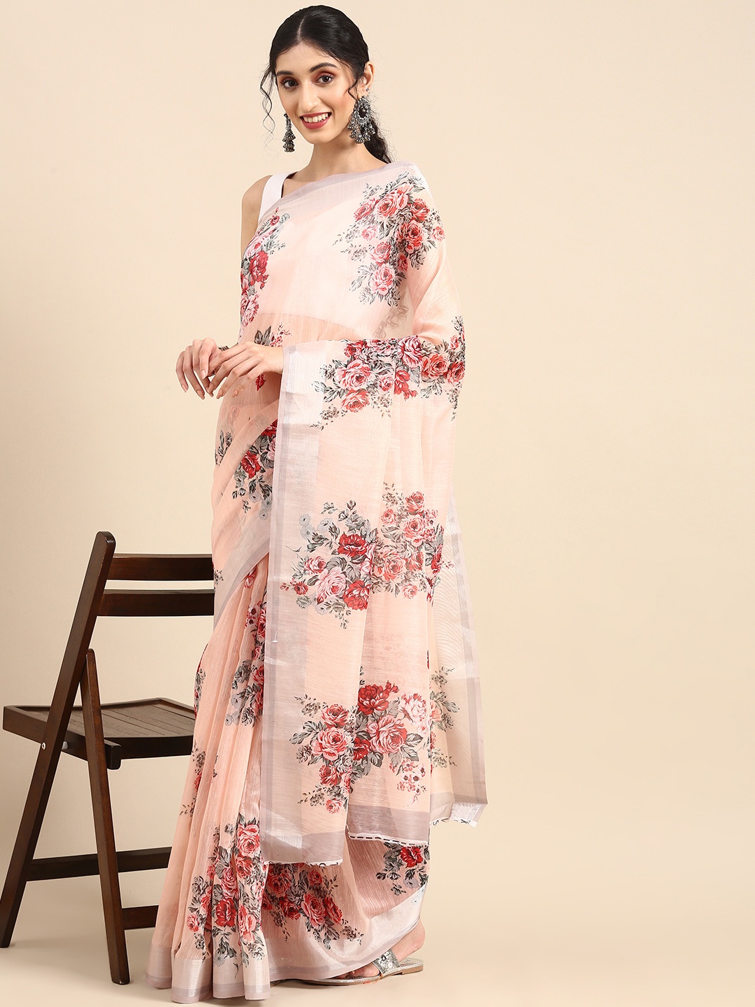 

Anouk Peach-Coloured Floral Printed Linen Blend Saree