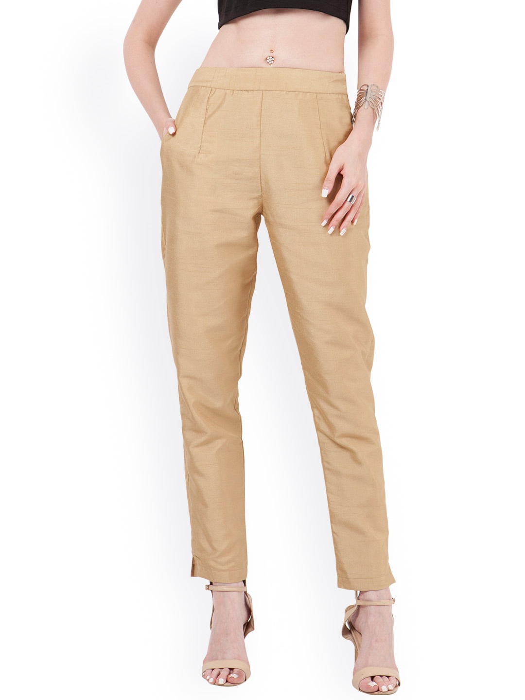 

INDYA Women Gold-Toned Relaxed Fit Silk Flat-Front Trousers