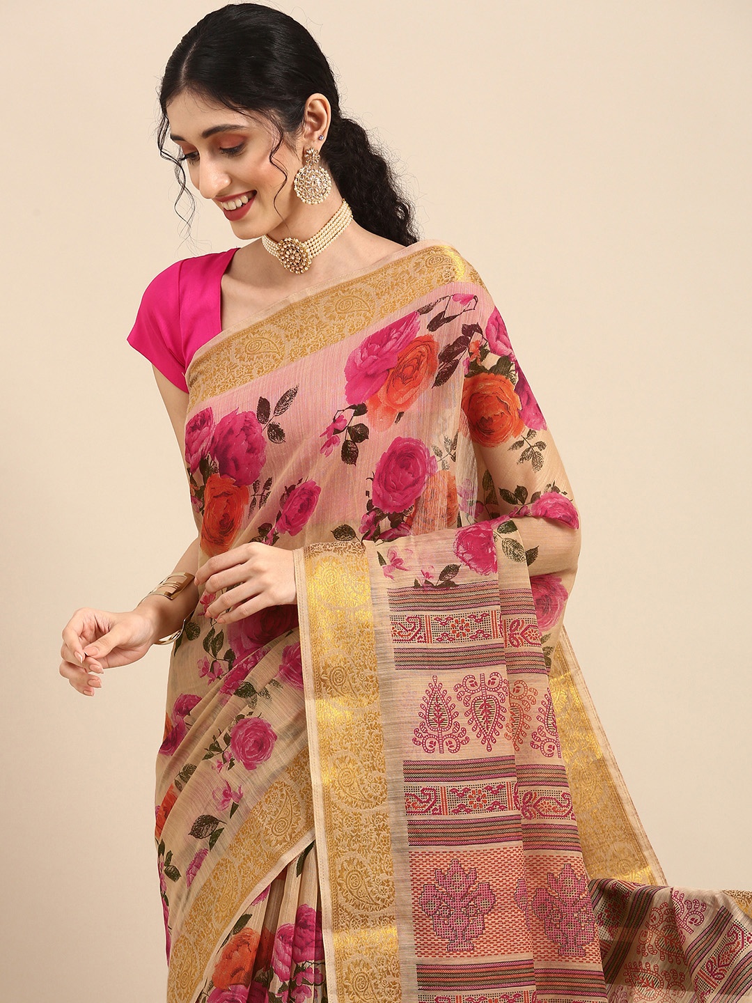 

Anouk Pink & Gold-Coloured Woven Design Linen Blend Saree