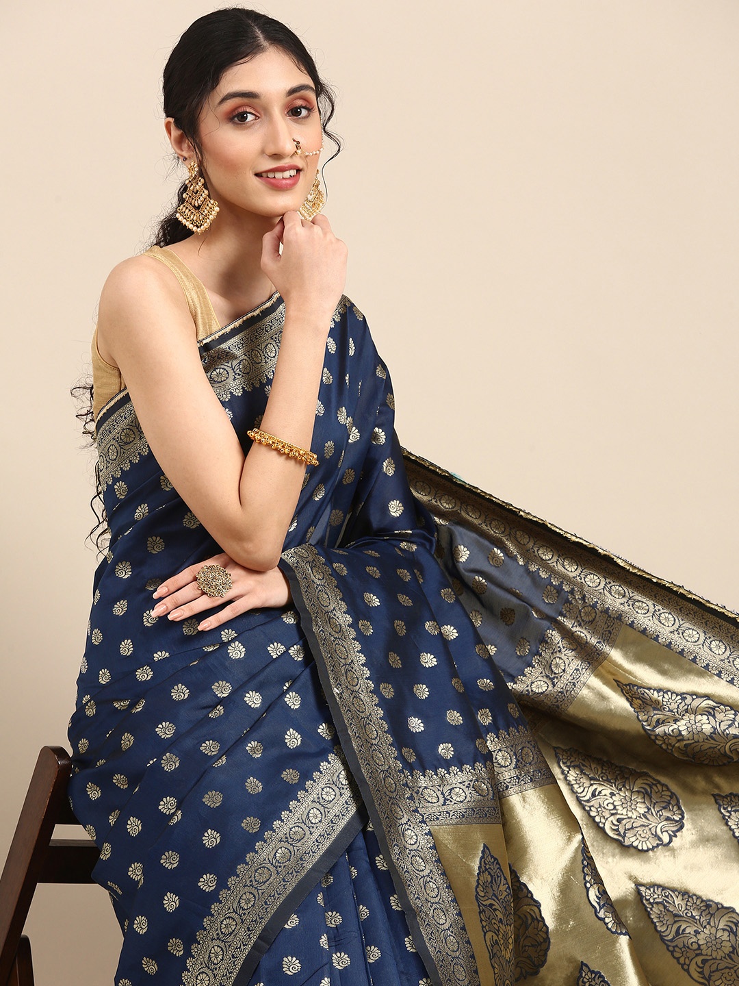 

Anouk Navy Blue & Gold-Coloured Woven Design Pure Silk Saree