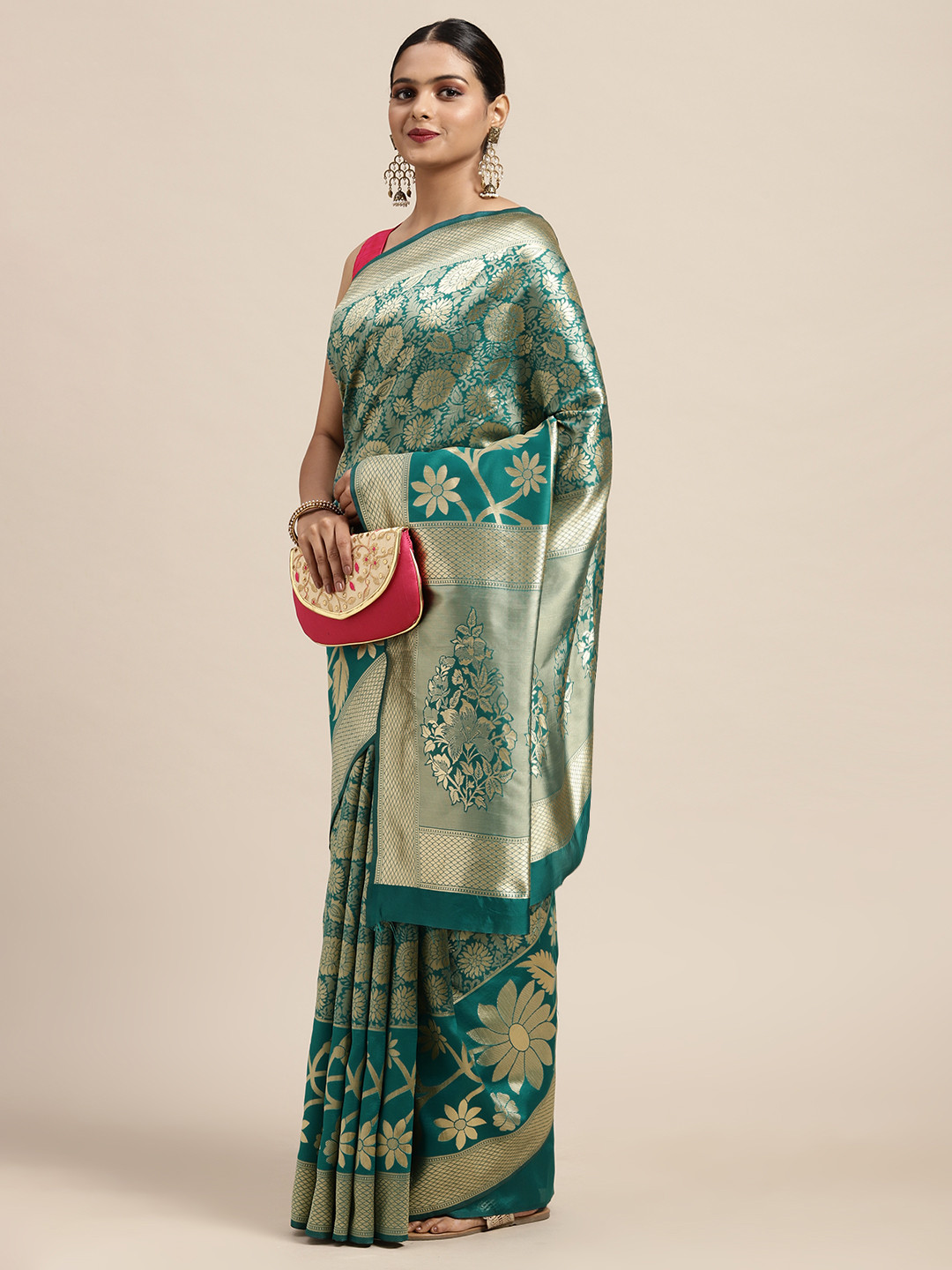 

Anouk Green Floral Zari Silk Blend Banarasi Saree