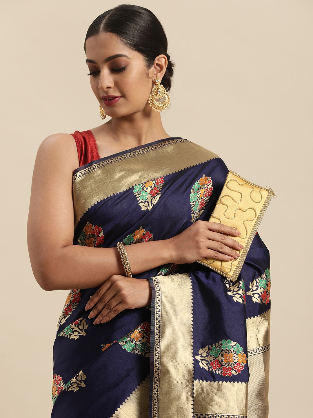 

Anouk Navy Blue & Gold-Toned Ethnic Motifs Zari Pure Silk Banarasi Saree