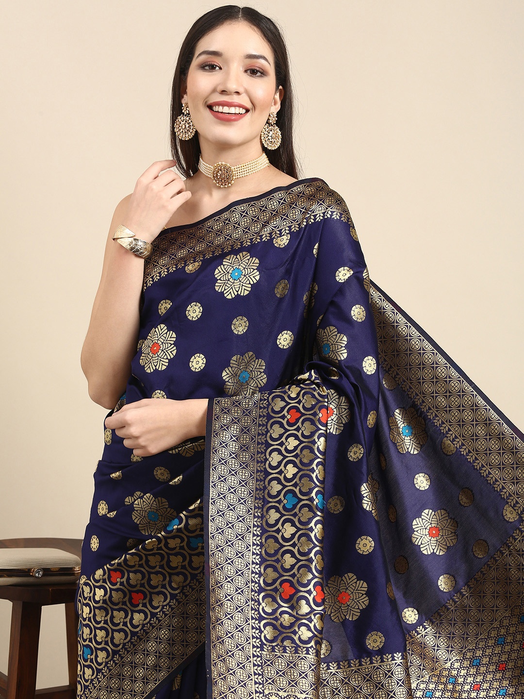 

Anouk Navy Blue Woven Design Zari Pure Silk Heavy Work Banarasi Saree