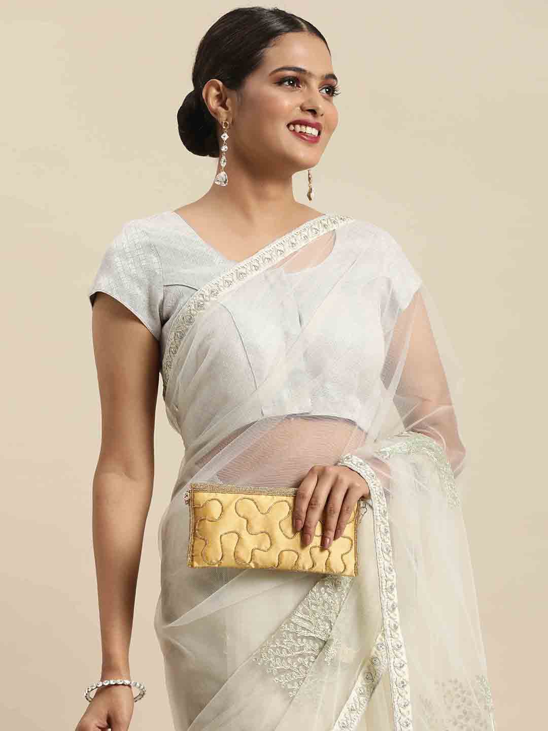 

Anouk Off-White Ethnic Motifs Sequinned Supernet Saree