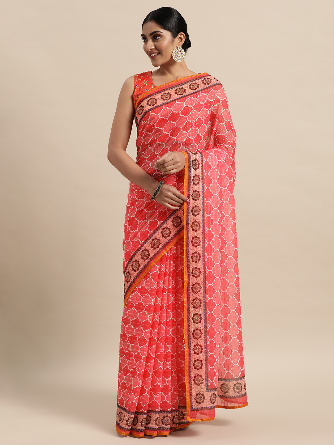 

Anouk Pink Ethnic Motifs Striped Sequinned Pure Georgette Saree