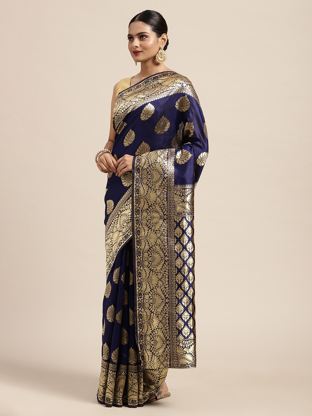 

Anouk Navy Blue & Gold-Toned Ethnic Motifs Zari Silk Blend Banarasi Saree