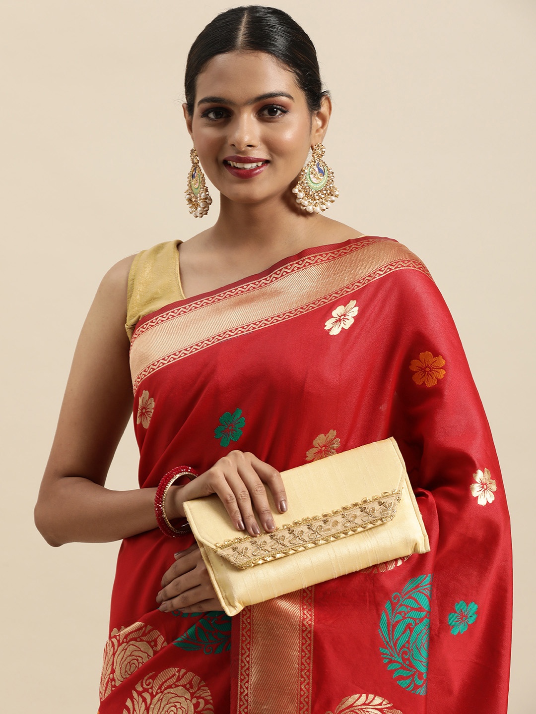 

Anouk Red & Gold-Toned Floral Zari Pure Silk Banarasi Saree