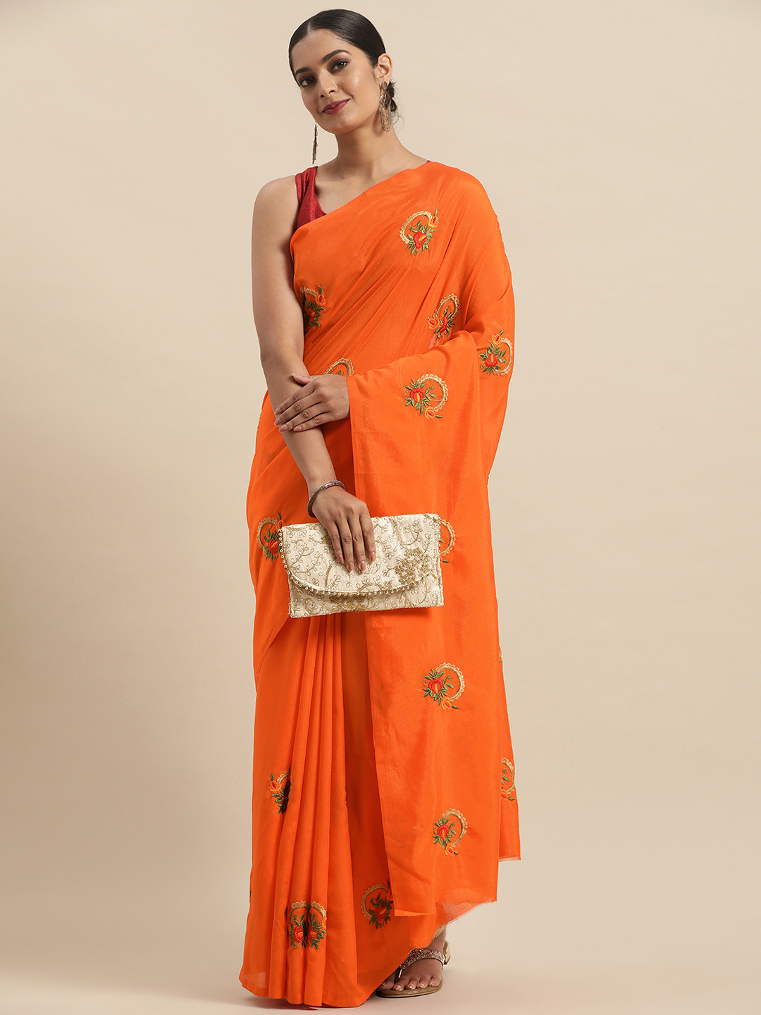 

Anouk Orange Floral Embroidered Silk Blend Saree