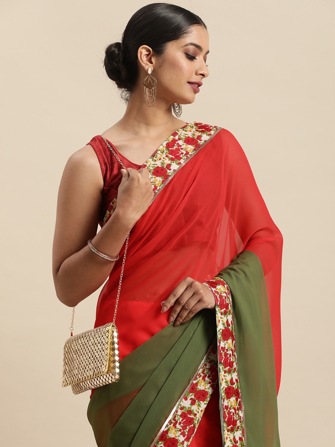 

Anouk Olive Green & Red Ombre Pure Georgette Saree