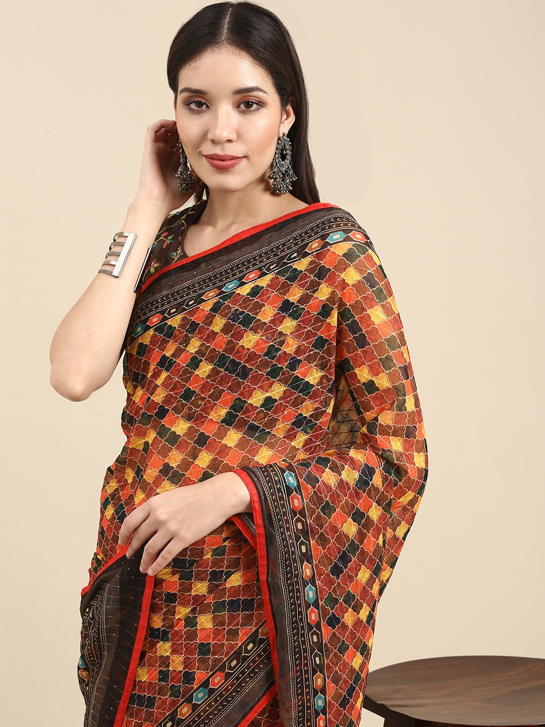 

Anouk Black & Yellow Woven Design Sequinned Pure Georgette Saree