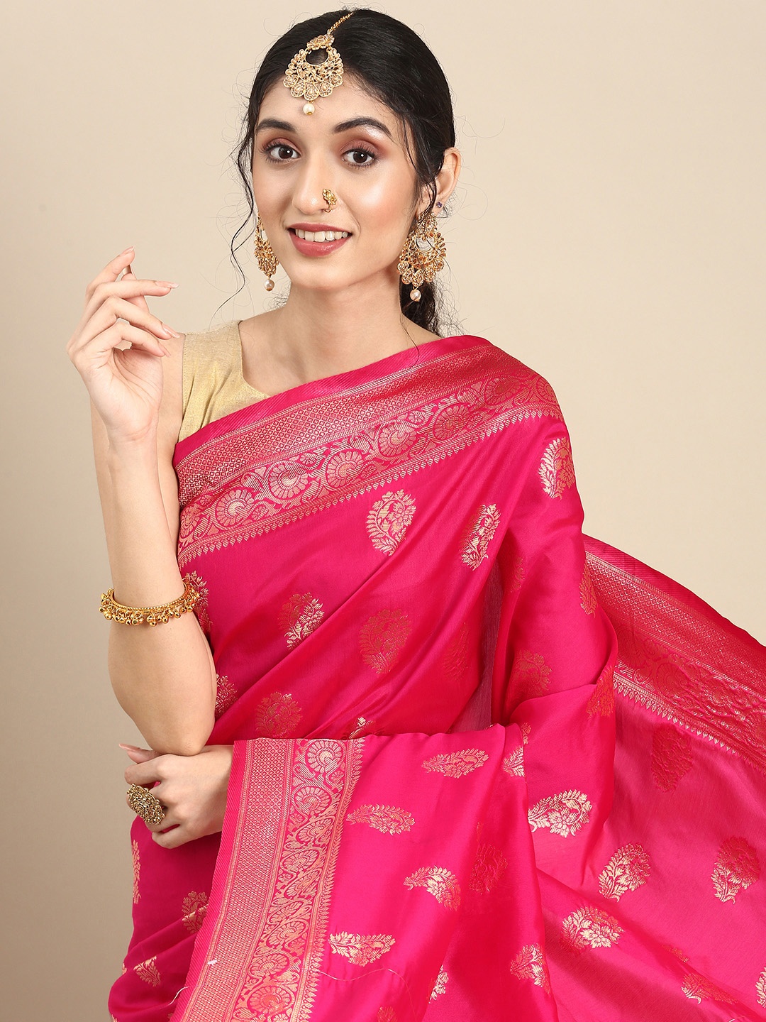 

Anouk Pink & Gold-Coloured Woven Design Pure Silk Banarasi Saree