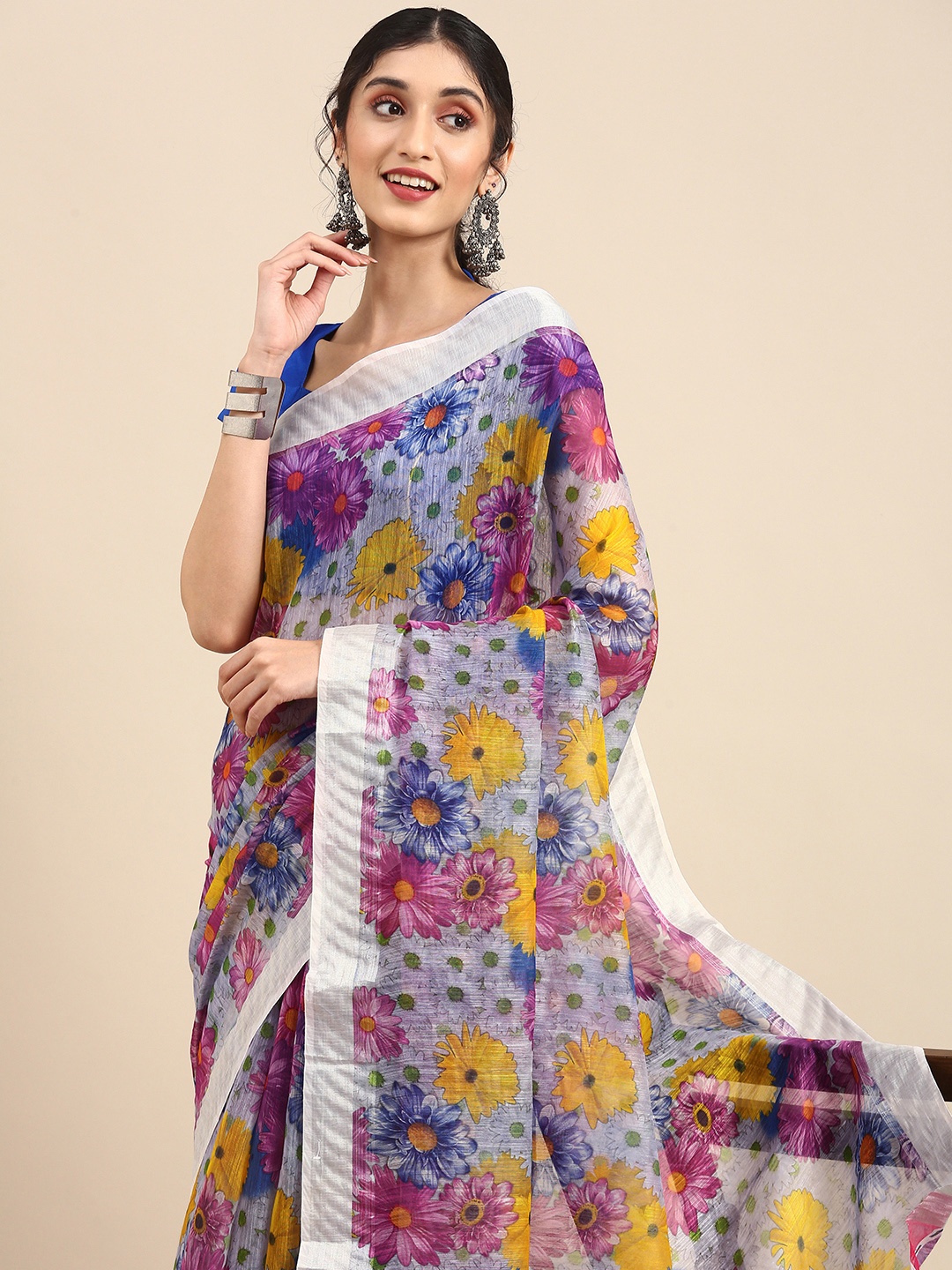 

Anouk Multicoloured Floral Printed Linen Blend Saree, Multi