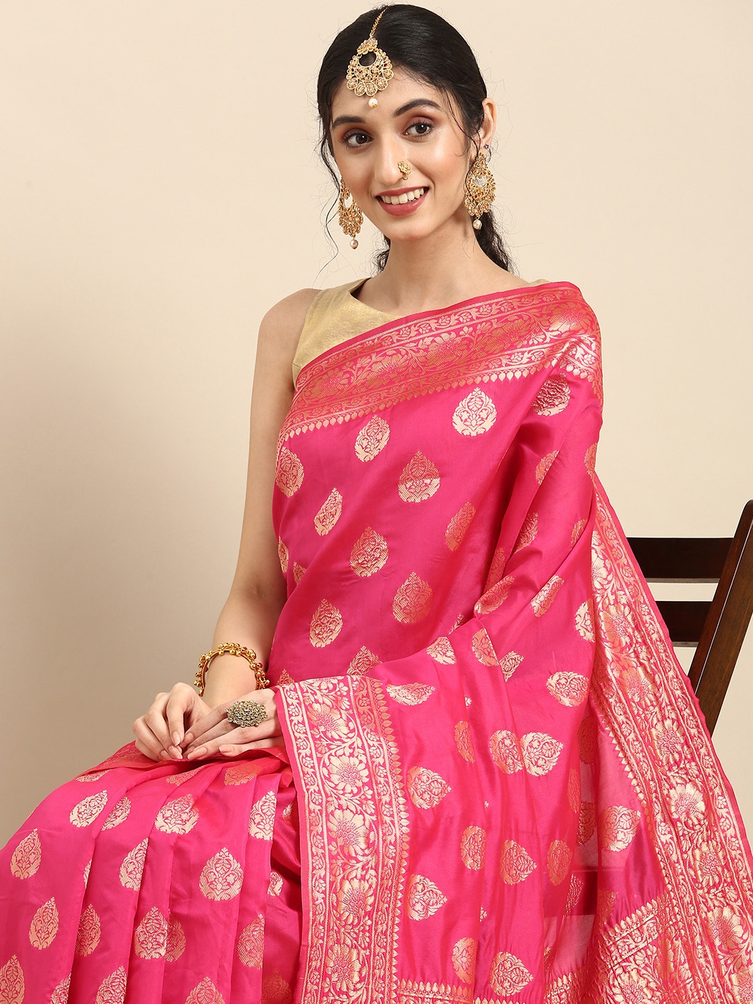 

Anouk Pink & Gold-Coloured Woven Design Pure Silk Heavy Work Banarasi Saree