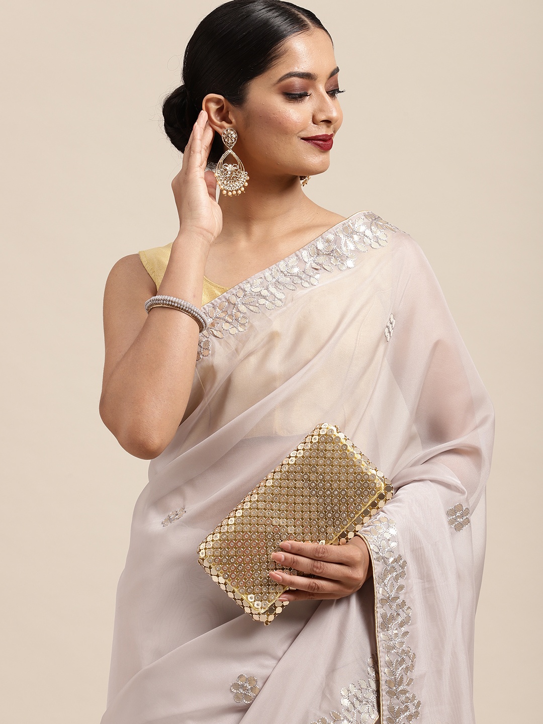 

Anouk Grey Floral Mirror Work Silk Blend Saree