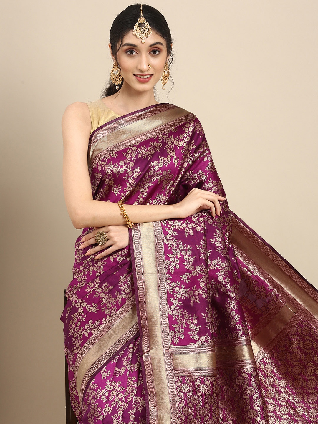 

Anouk Burgundy Woven Design Zari Silk Blend Heavy Work Banarasi Saree