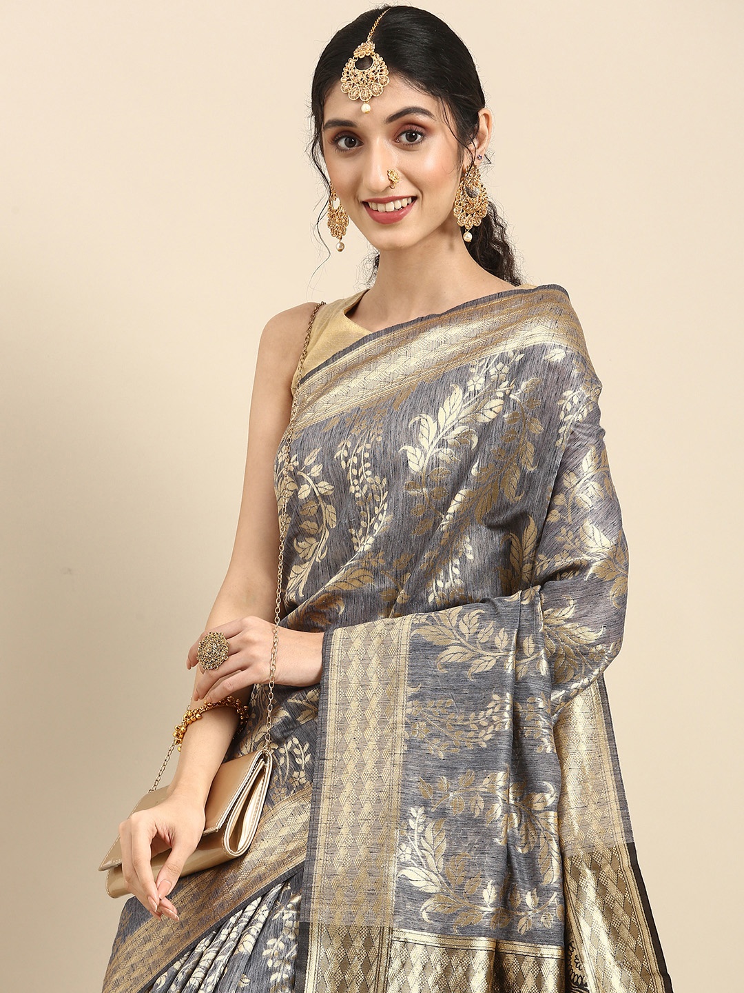

Anouk Grey & Gold-Coloured Woven Design Pure Silk Banarasi Saree