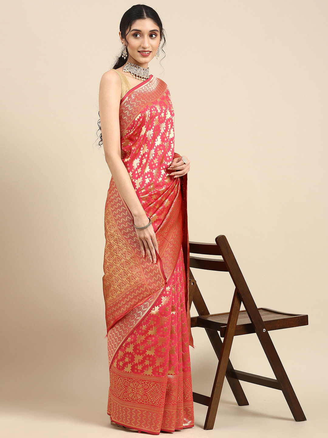 

Anouk Pink & Gold-Toned Woven Design Pure Silk Saree