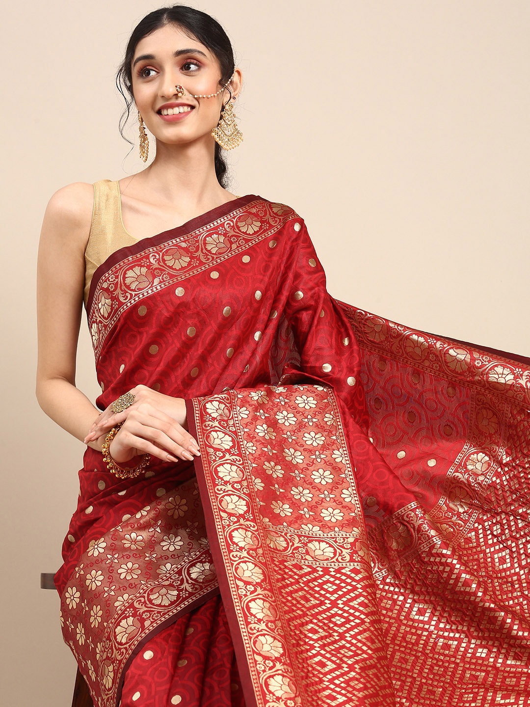 

Anouk Red & Coloured Woven Design Silk Blend Heavy Work Banarasi Saree