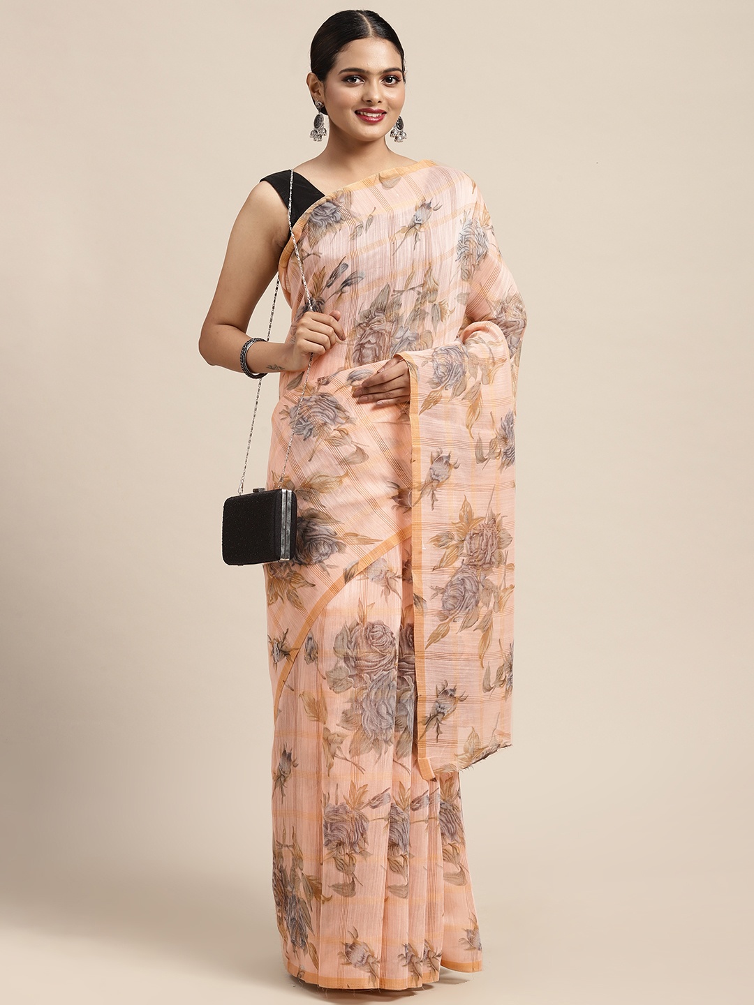 

Anouk Peach-Coloured & Charcoal Black Floral Zari Linen Blend Patola Saree