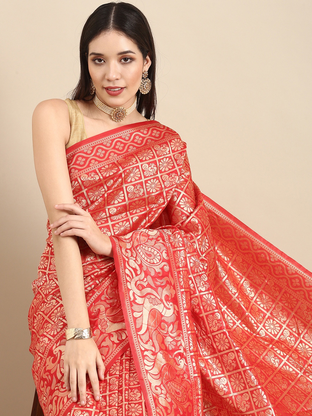 

Anouk Red Woven Design Zari Pure Silk Heavy Work Patola Saree