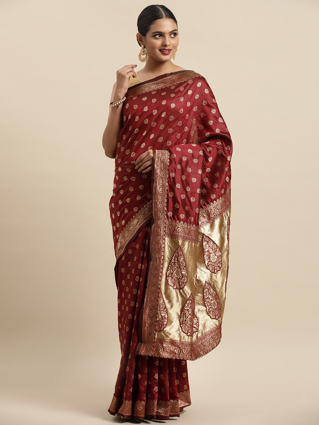 

Anouk Maroon & Gold-Toned Ethnic Motifs Zari Pure Silk Saree