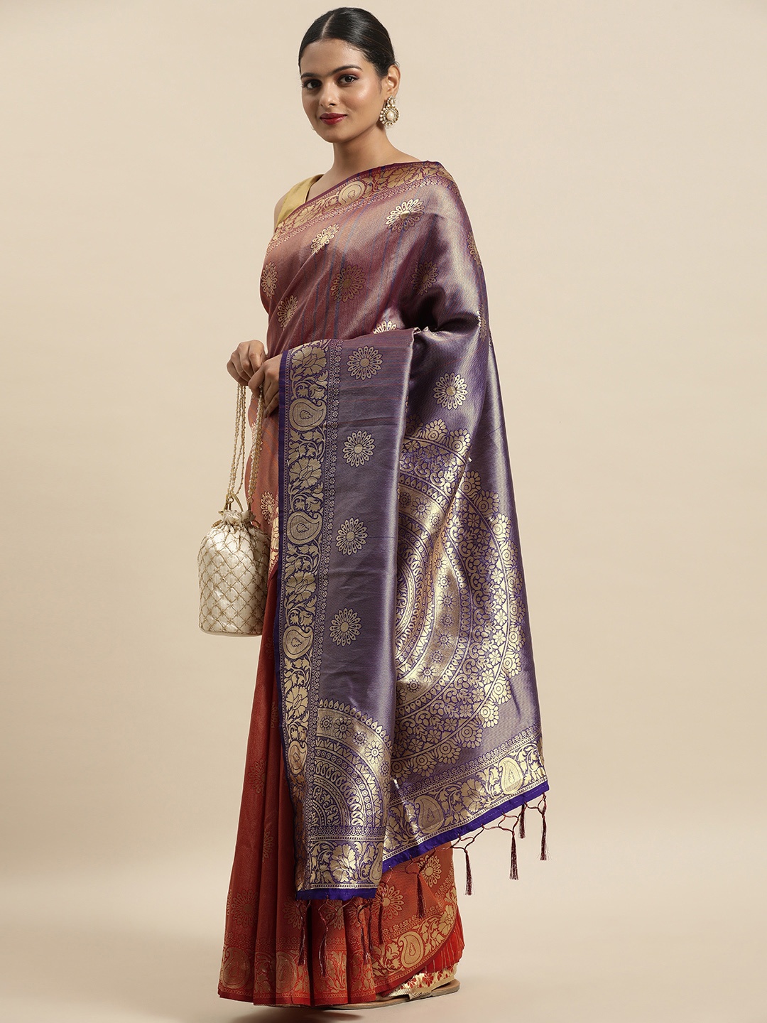 

Anouk Red & Gold-Toned Ethnic Motifs Zari Silk Blend Banarasi Saree