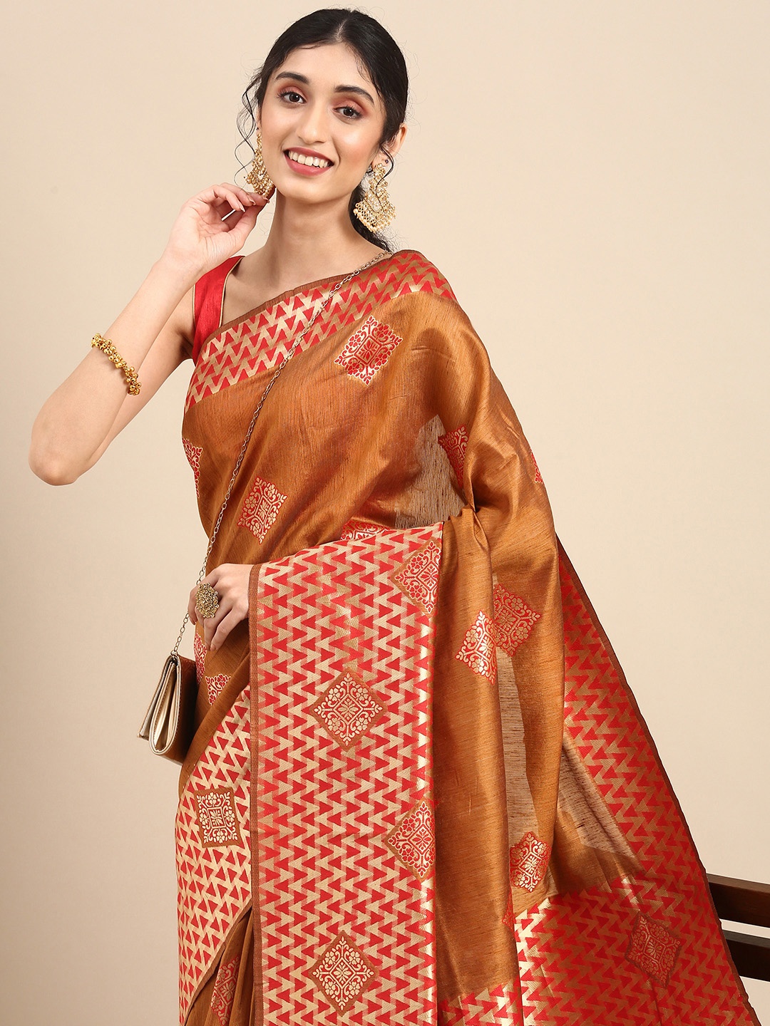 

Anouk Orange Woven Design Zari Pure Silk Banarasi Saree