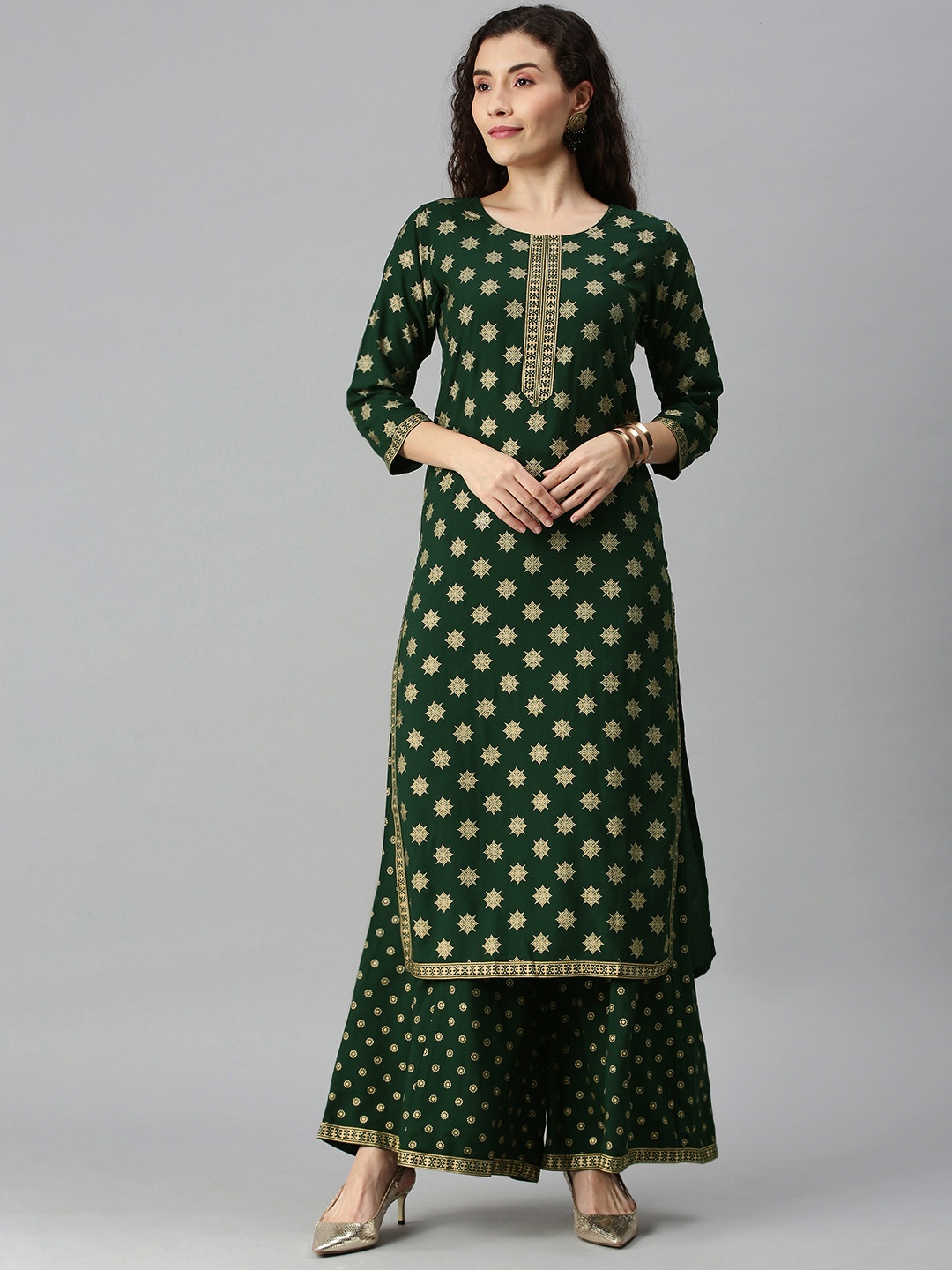 

SANISA Women Green Ethnic Motifs Foil Printed Kurta with Palazzos