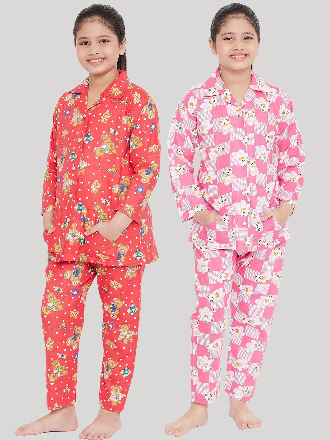 

KYDZI Girls Pack Of 2 Red & Pink Printed Night Suit