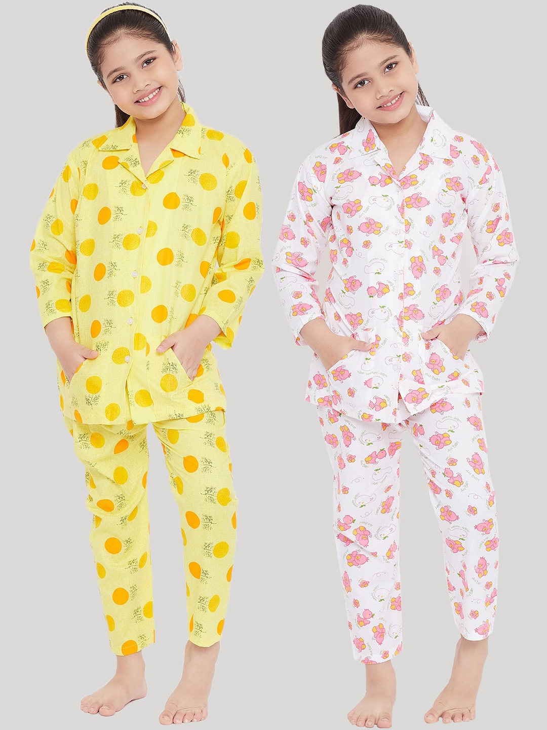 

KYDZI Girls Yellow & White Printed Night suit