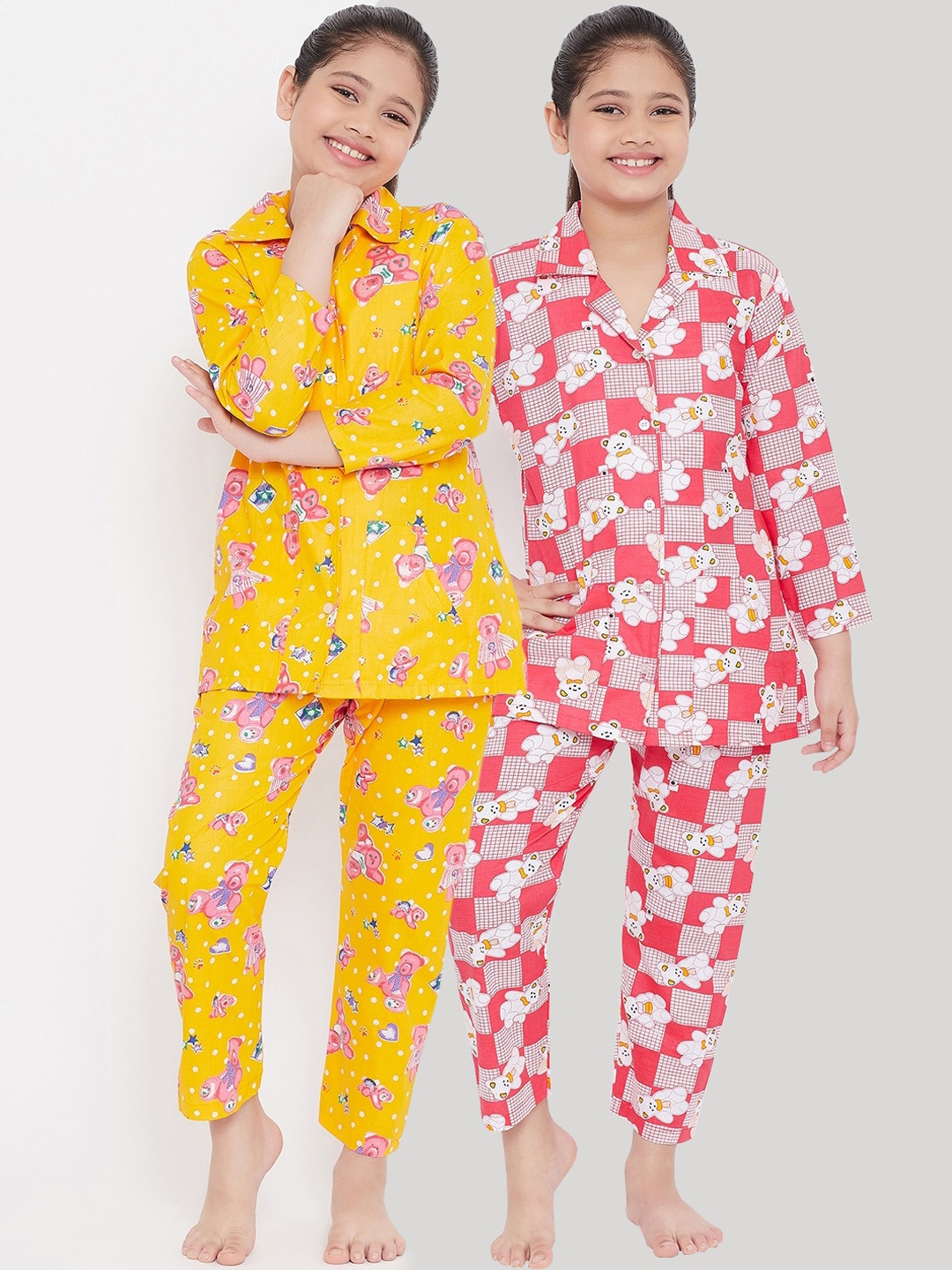 

KYDZI Girls Pack of 2 Yellow & Pink Printed Night Suits