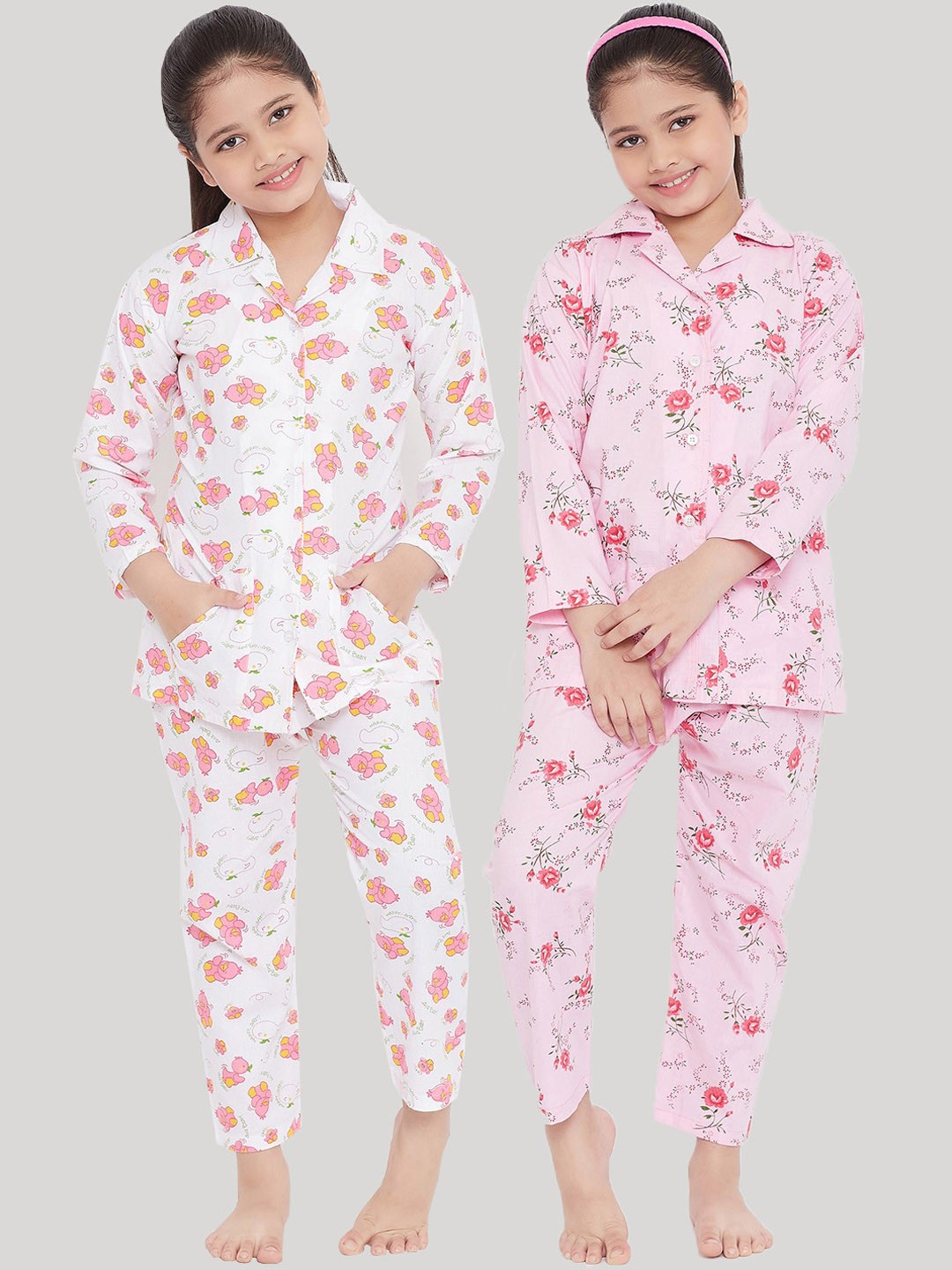 

KYDZI Girls Pack of 2 White & Pink Printed Night suit