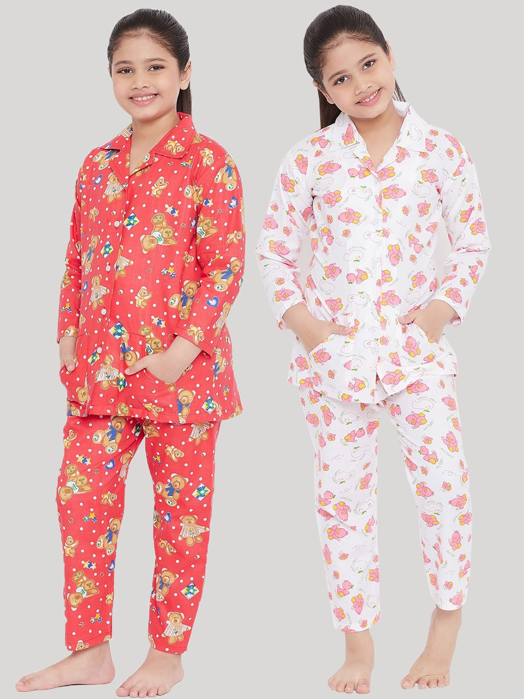 

KYDZI Girls Red & White Printed Night suit