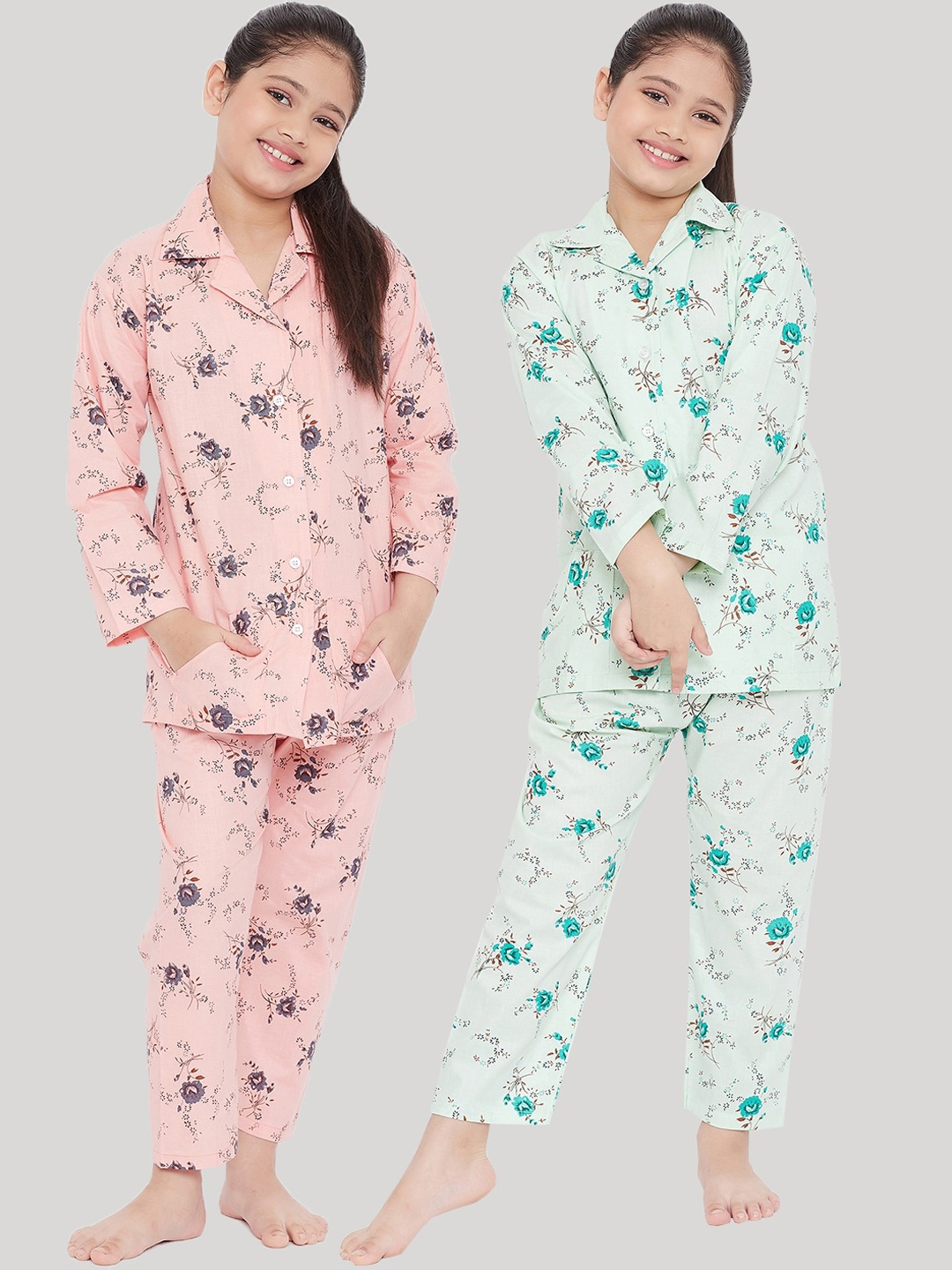 

KYDZI Girls Pink & Green Printed Night suit