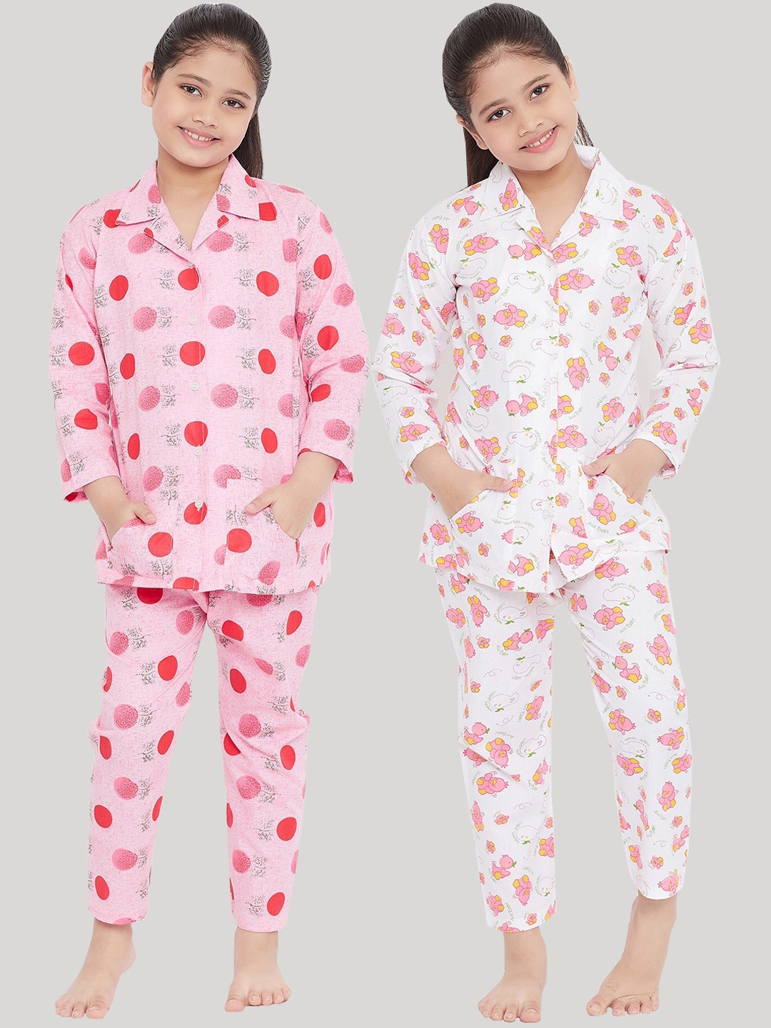

KYDZI Girls White & Pink Printed Night suit
