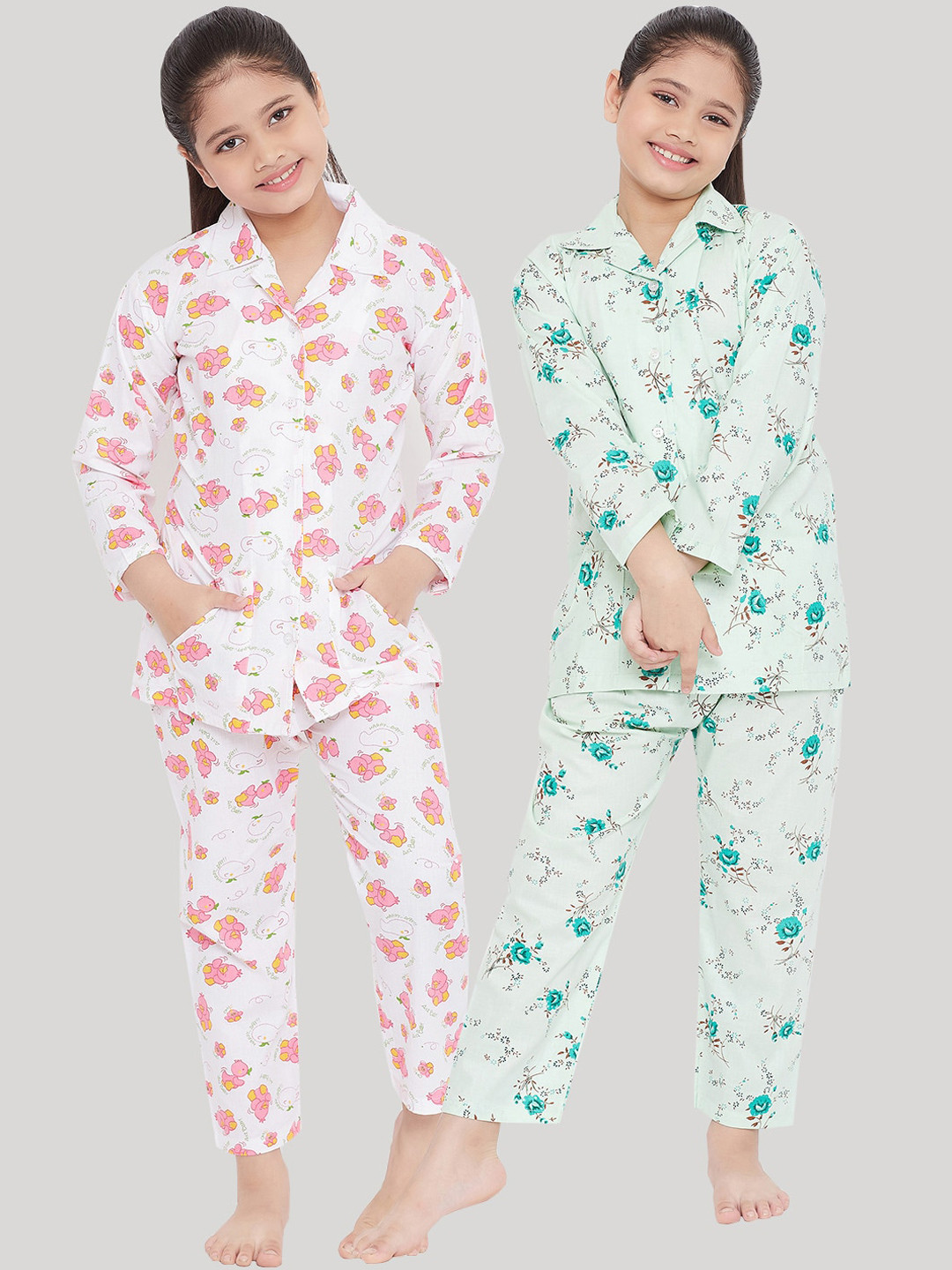

KYDZI Girls Pack of 2 Green & White Printed Night suit