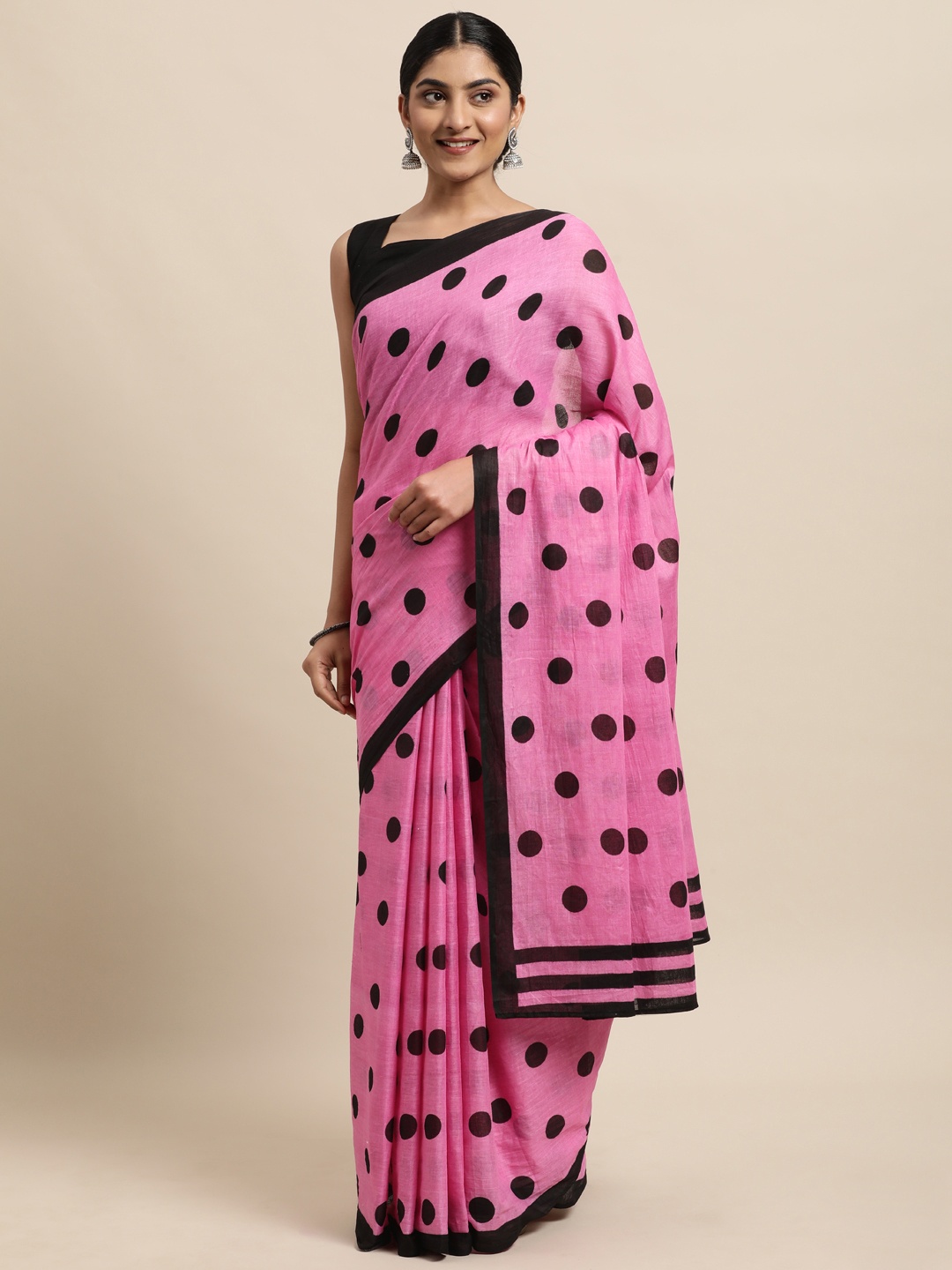 

Satrani Pink & Black Polka Dots Print Pure Cotton Saree