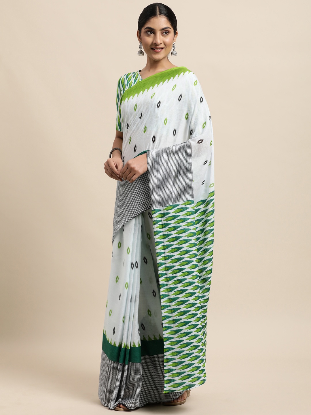 

Satrani White & Green Printed Pure Cotton Saree