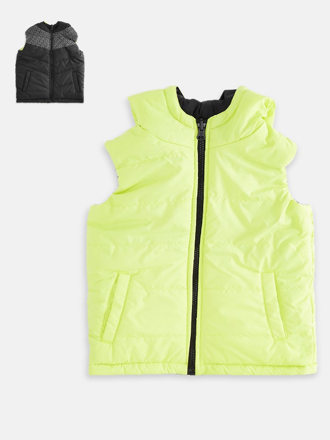 

Pantaloons Junior Boys Black Fluorescent Green Hooded Padded Jacket