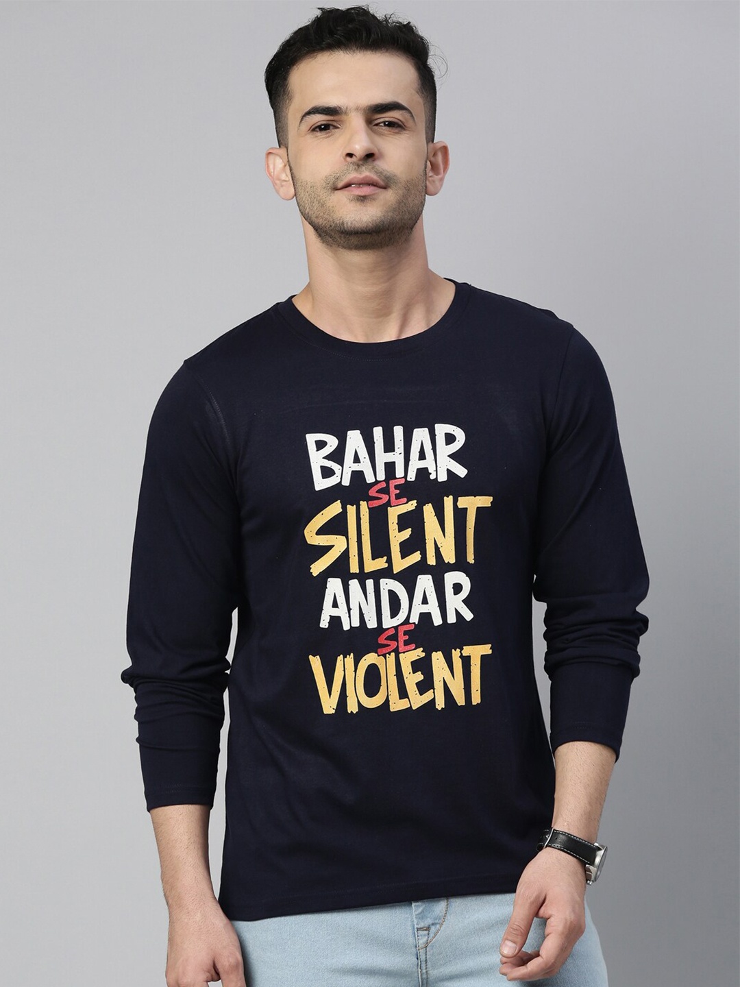 

Bushirt Men Navy Blue Typography Printed Pockets T-shirt