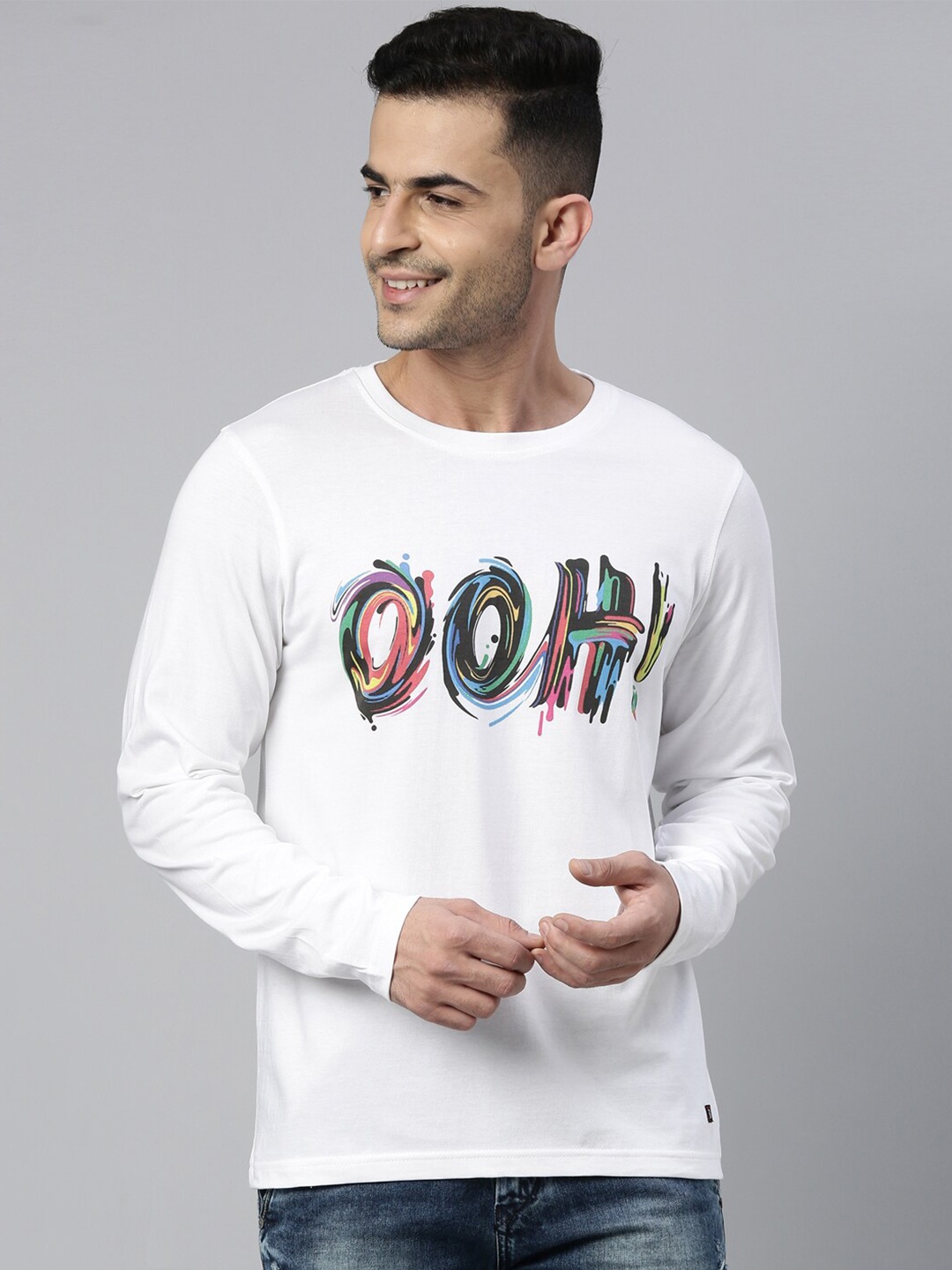 

Bushirt Men White Typography Printed Applique T-shirt