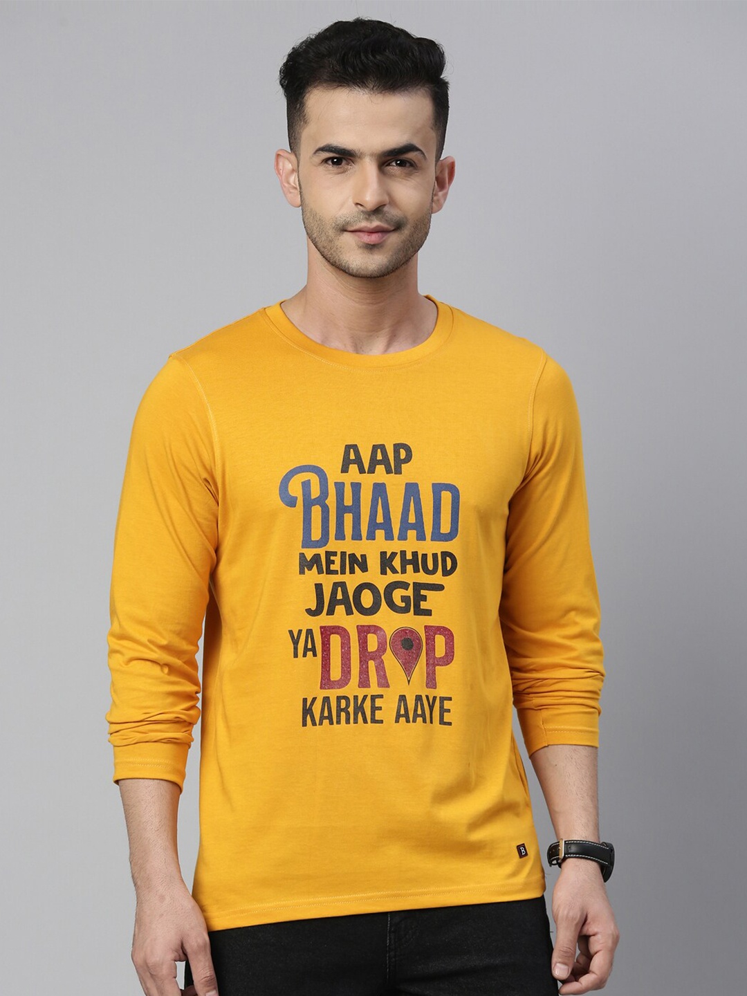 

Bushirt Men Mustard Yellow Typography Printed Applique T-shirt