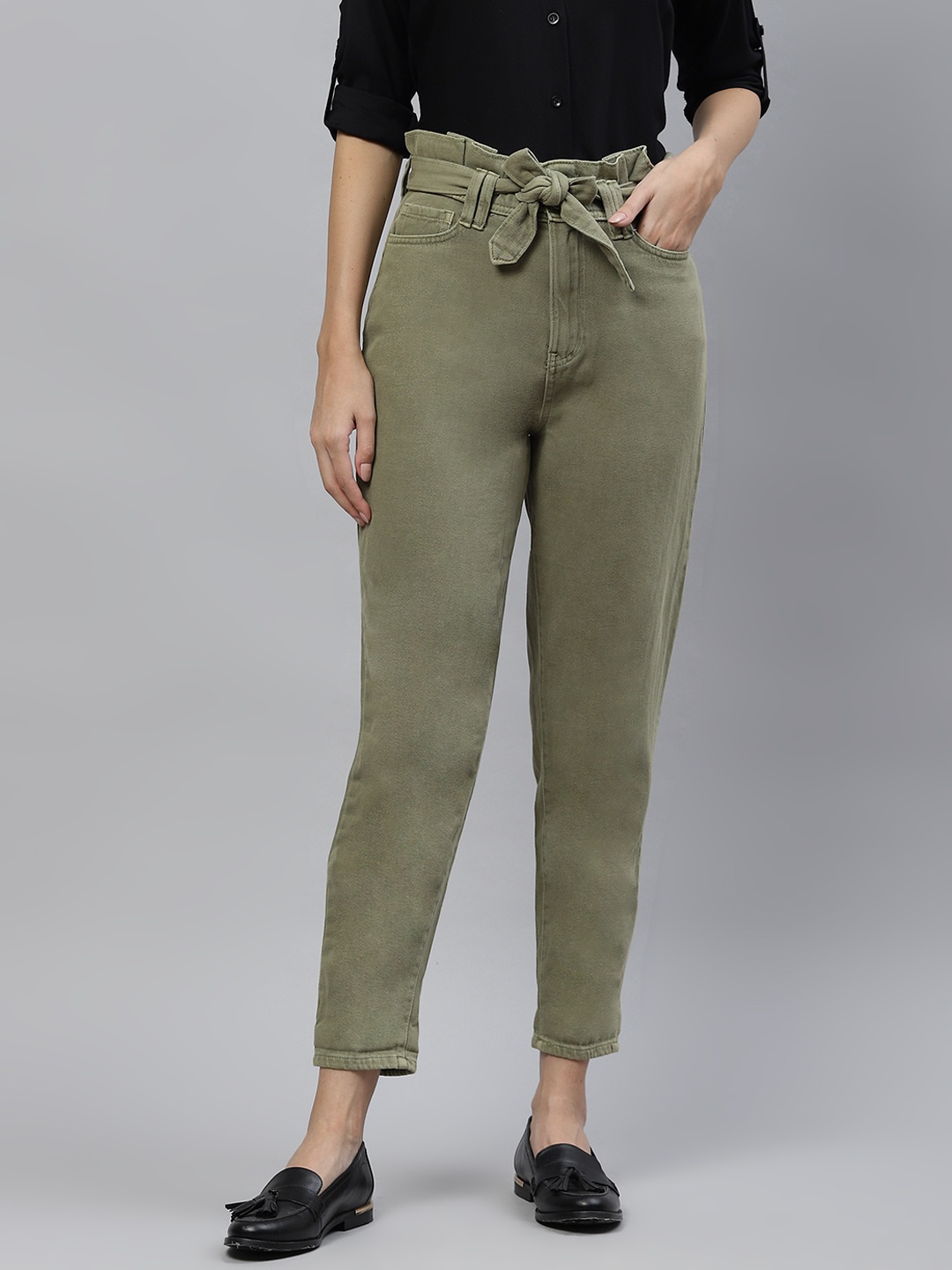 

Marks & Spencer Women Olive Green Solid Pure Cotton Trousers