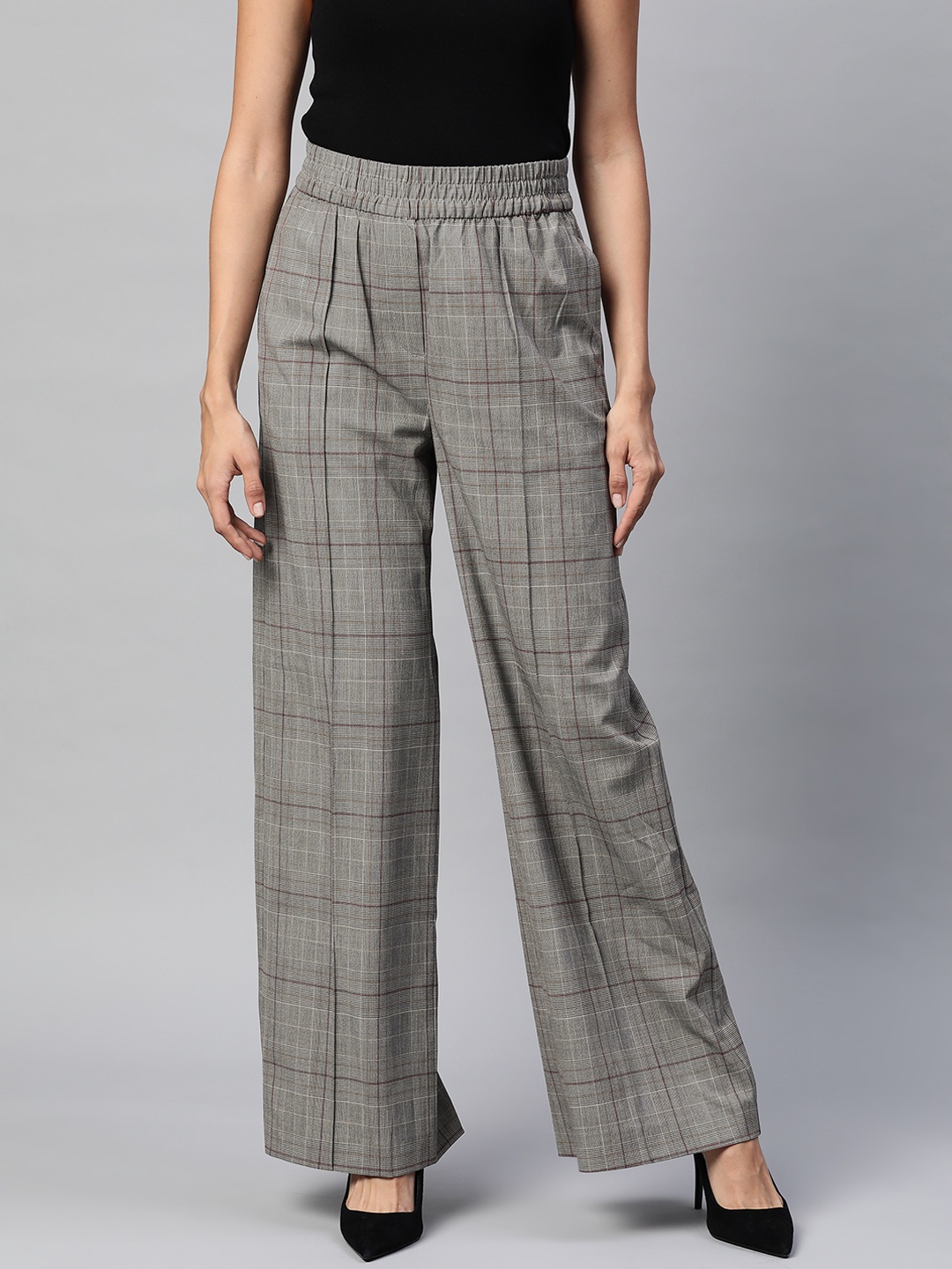 

Marks & Spencer Women Charcoal Grey & Maroon Checked Pleated Trousers