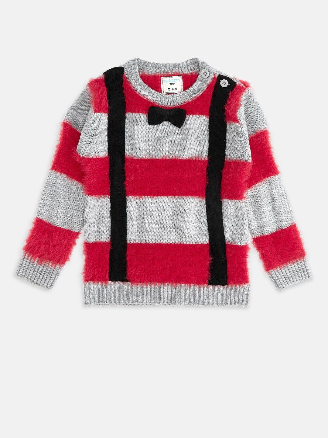 

Pantaloons Baby Boys Red & Grey Striped Pullover with Fuzzy Detail