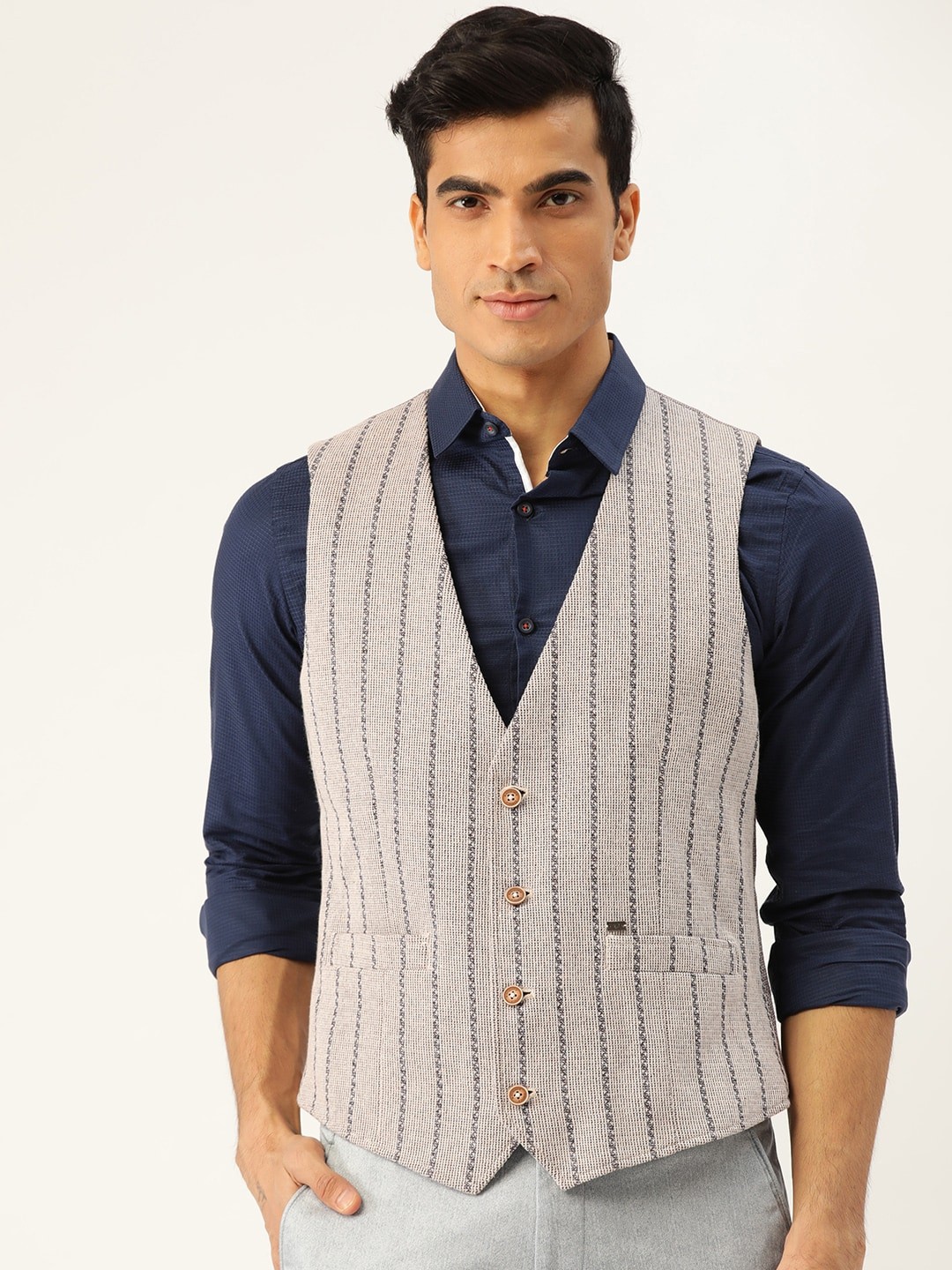 

Blackberrys Men Beige & Blue Self-Striped Slim Fit Smart Casual Waistcoat
