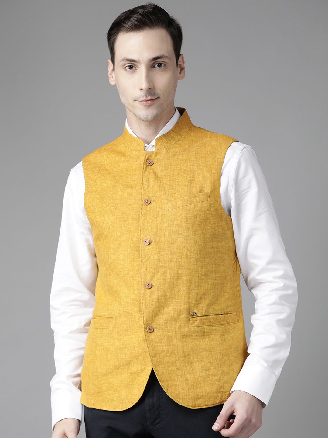 

Blackberrys Men Mustard Yellow Pure Linen Slim Fit Solid Nehru Jacket