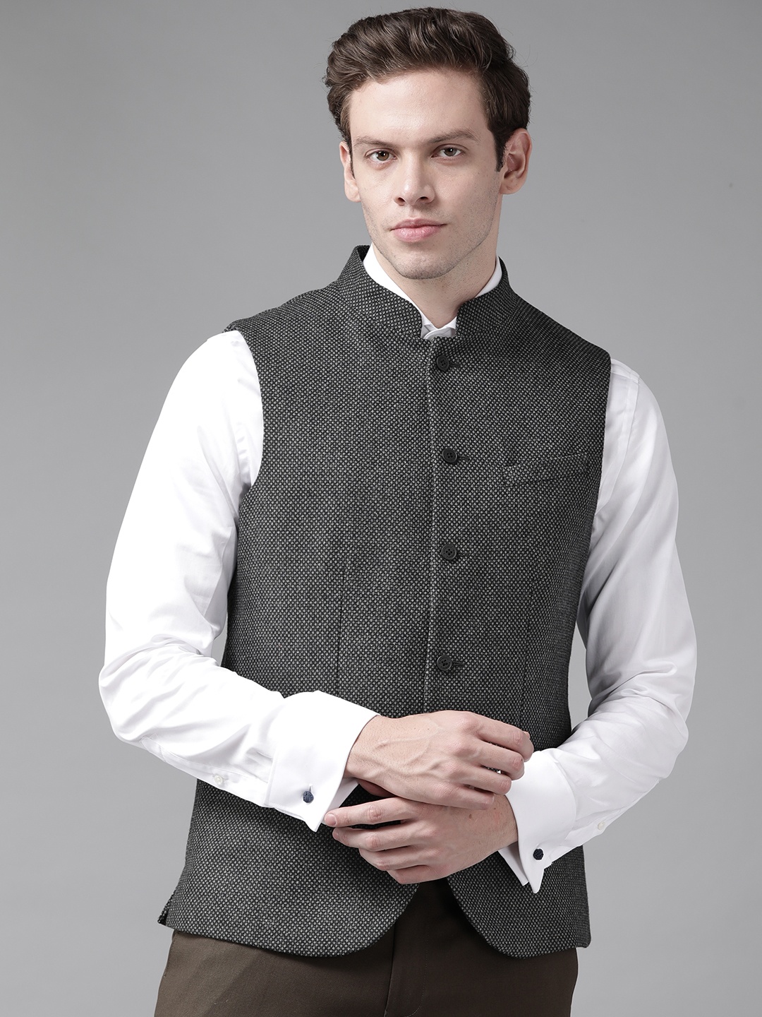 

Blackberrys Men Black Woven Design Slim Fit Waistcoat