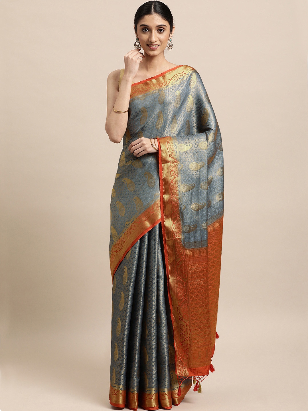 

Mitera Blue & Gold-Toned Paisley Zari Art Silk Kanjeevaram Saree